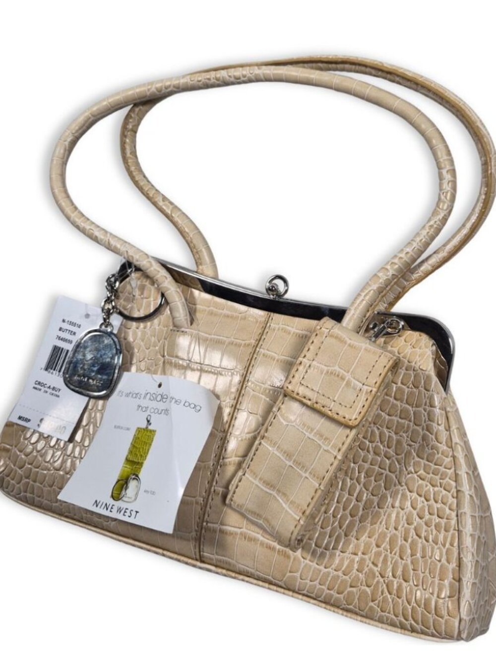 Butter Beige Faux Croc Shoulder Bag – Everyday Purse with Built‑In Mirror